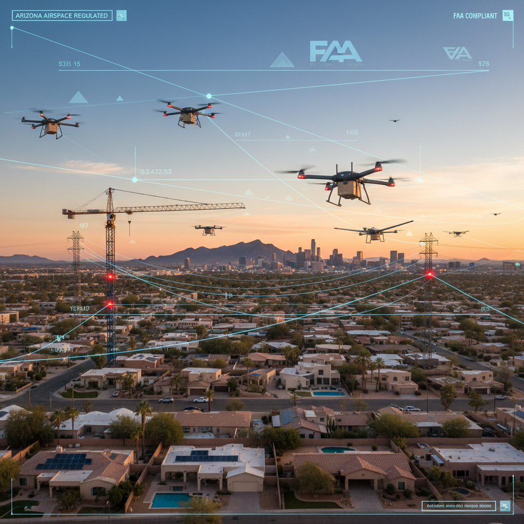 Multiple drones flying along regulated aerial corridors above a Phoenix-area neighborhood with digital airspace overlays