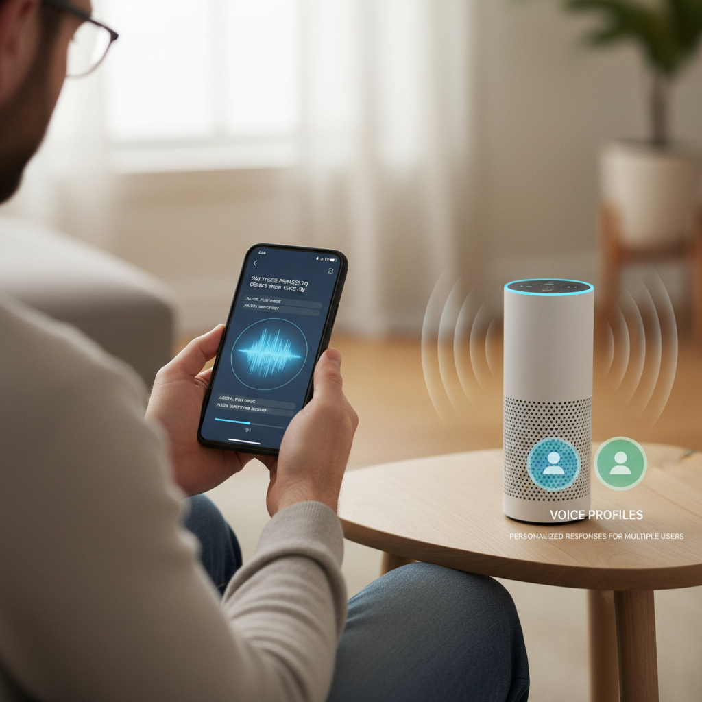 Person using the Alexa app to train Voice ID while an Echo listens nearby