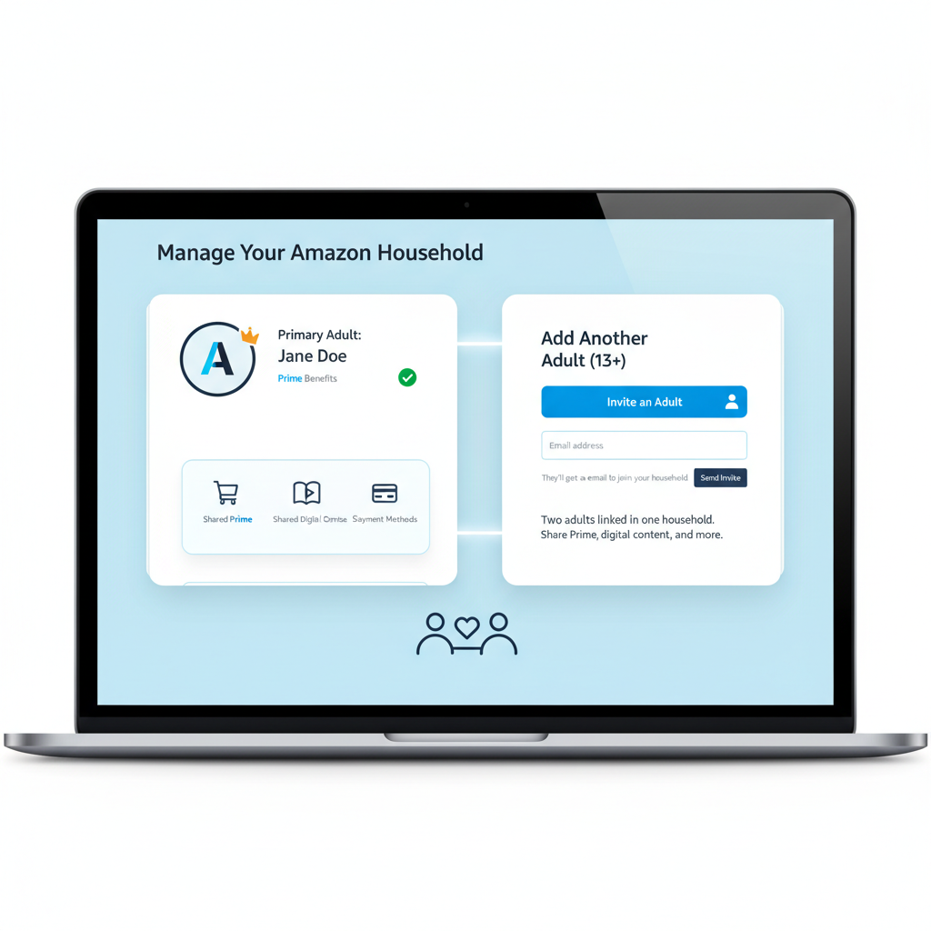 Step-by-step illustration of two adults each creating their own Amazon login on separate devices