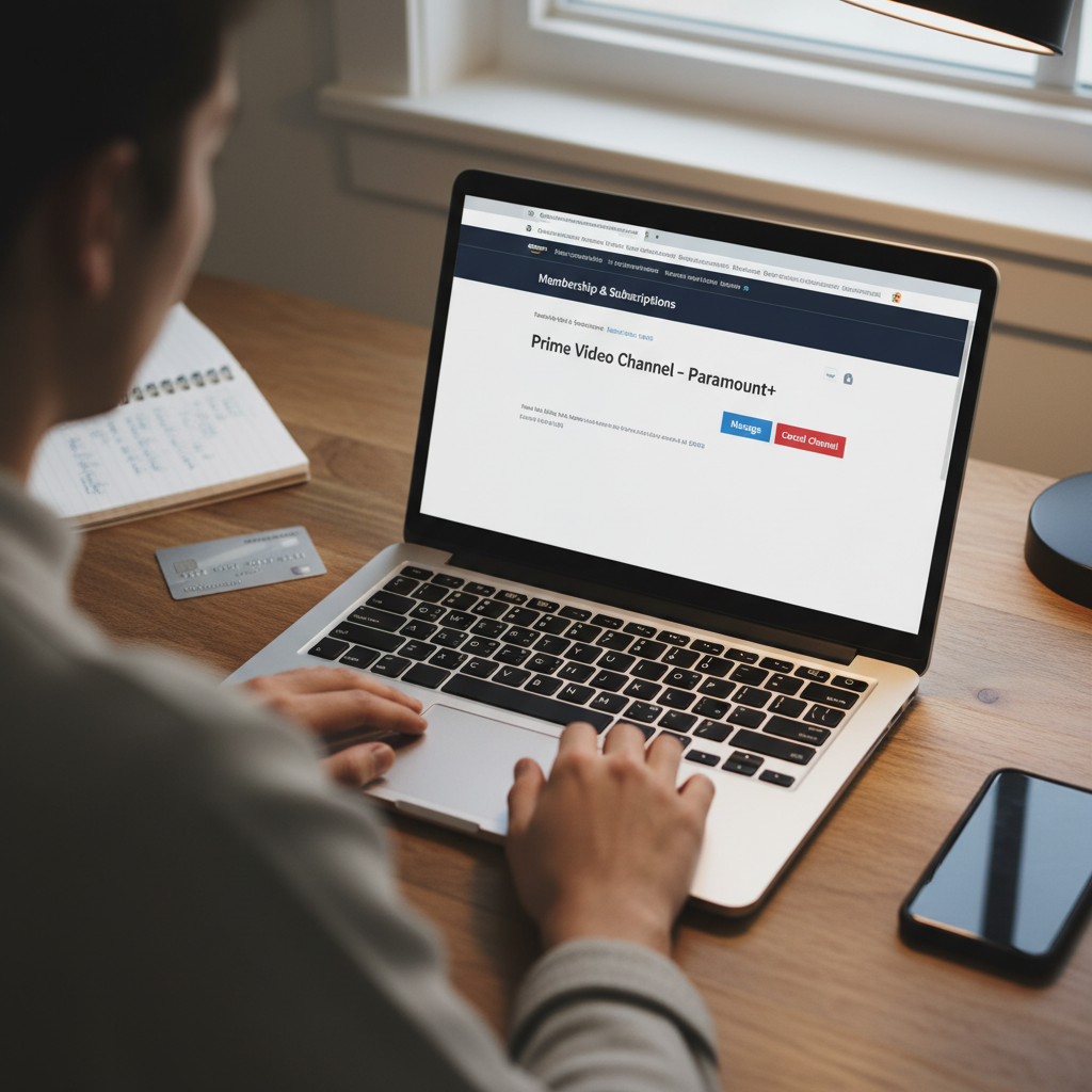 User managing a Prime Video Channel subscription for Paramount Plus with manage and cancel options on a laptop