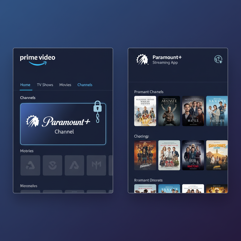 Split view of Prime Video Channels tab and a separate Paramount Plus style app, showing different ways to watch