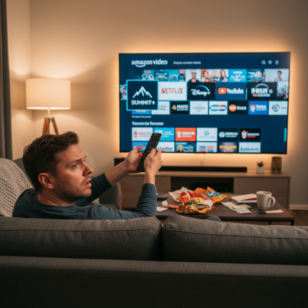 Frustrated viewer on couch looking at Amazon Prime Video interface, confused about Paramount Plus subscription