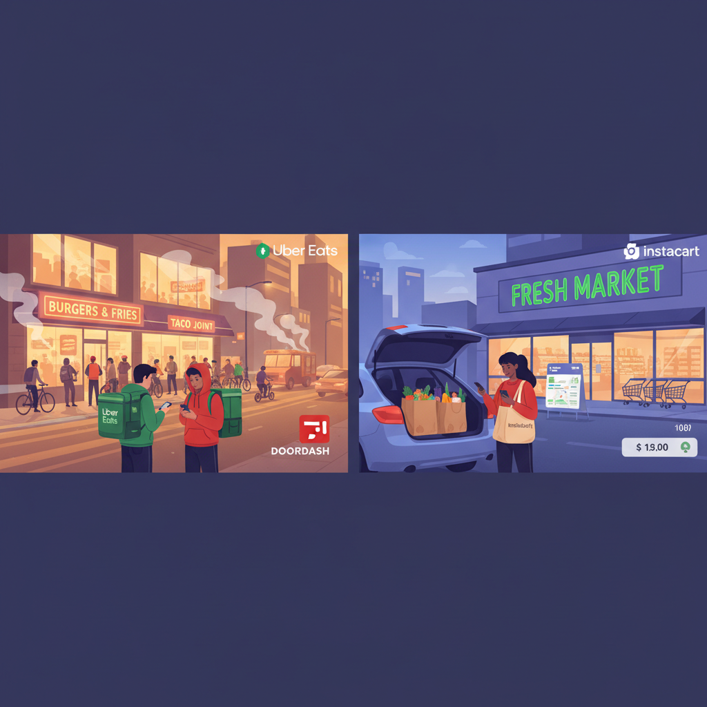 Split scene showing food and grocery delivery gigs in a city