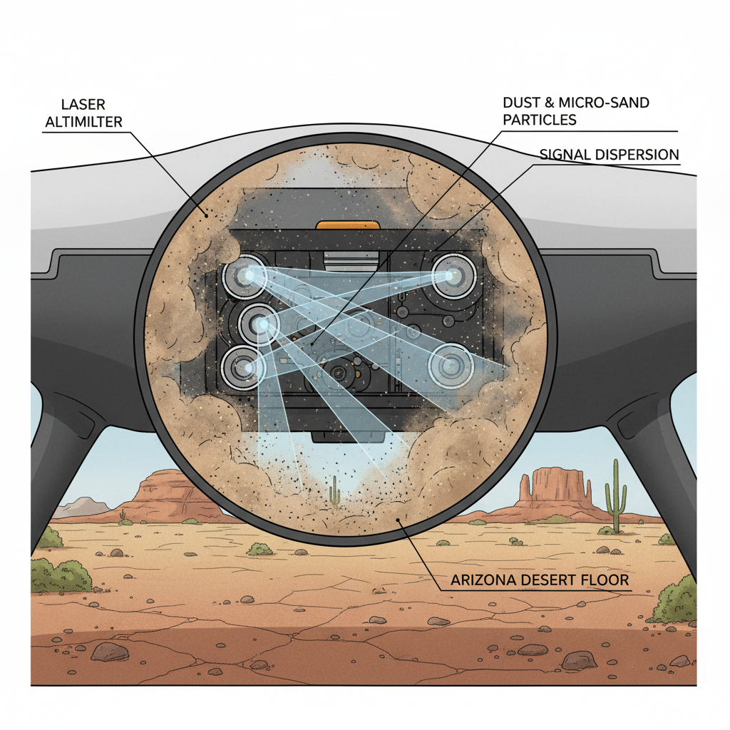 Technical cutaway illustration of a drone’s altitude sensors being disrupted by swirling Arizona desert dust and micro-sand