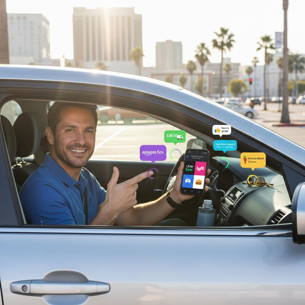 Rideshare and delivery driver juggling multiple gig apps in their own car