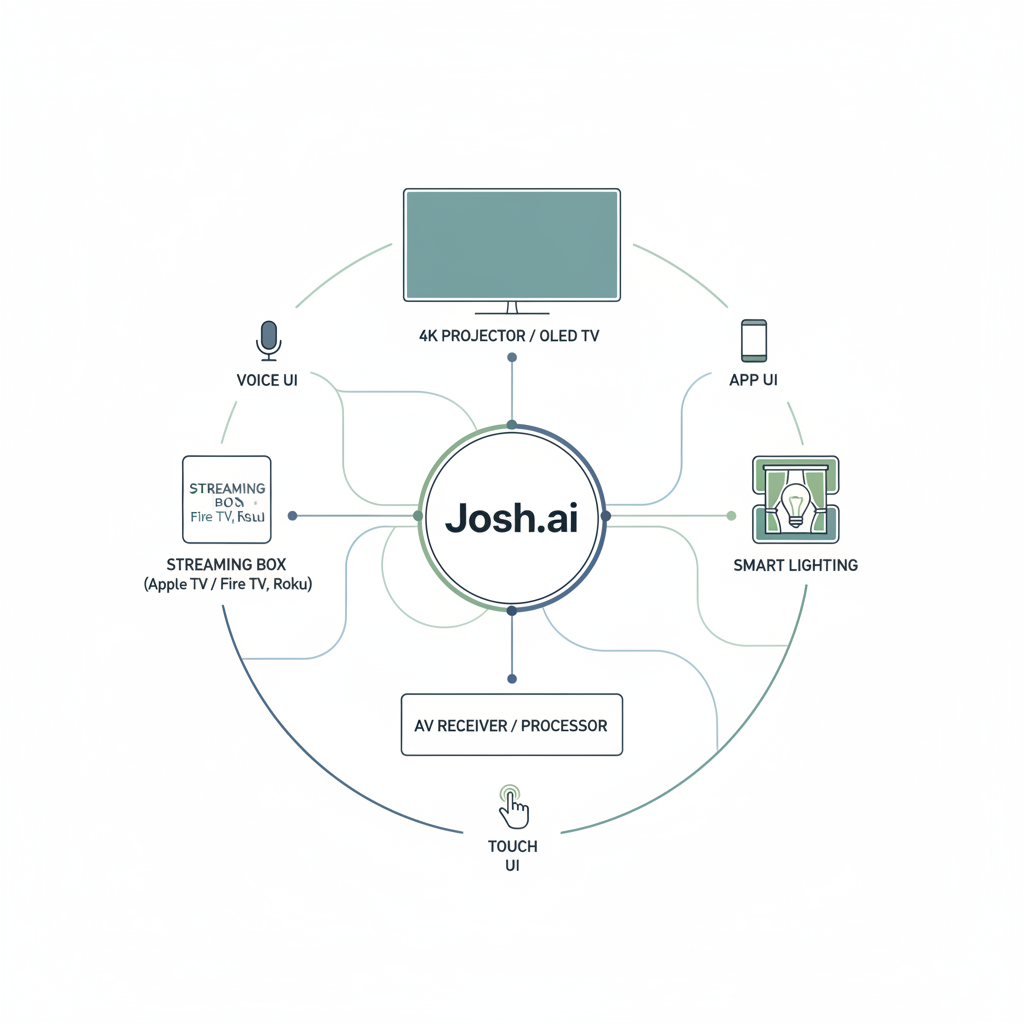 Diagram of a Josh.ai-powered home cinema stack with projector, AVR, streaming box, lights and shades, all tied into one control brain