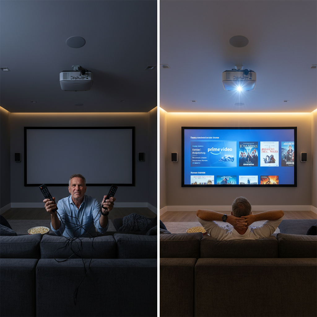 Homeowner juggling remotes compared to seamless Josh.ai voice-controlled cinema with Amazon Prime Video on a big screen