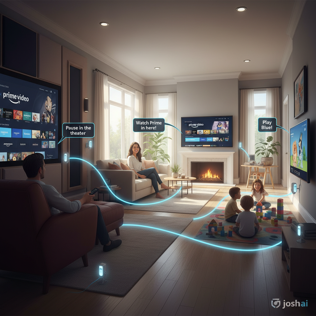 Family using Josh.ai to control Amazon Prime Video across multiple rooms, showing cinema, family room, and playroom all connected