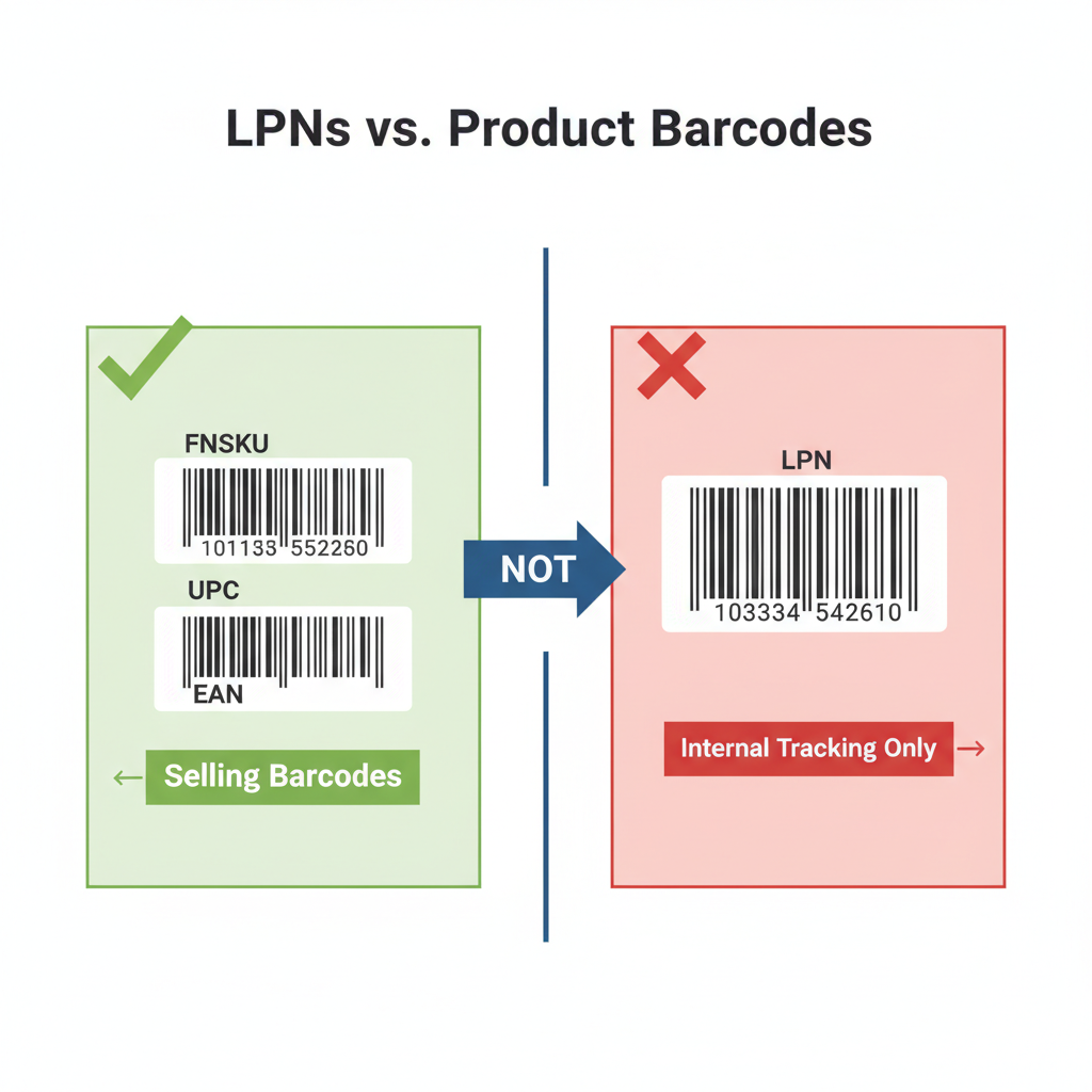 Graphic comparing valid selling barcodes like FNSKU and UPC to internal-only LPN labels