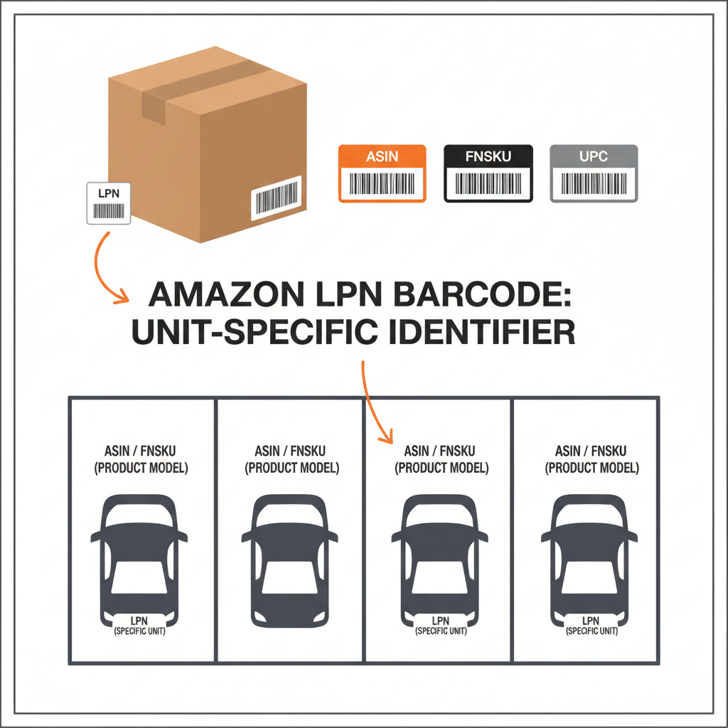 Infographic explaining how Amazon LPN barcodes relate to ASIN, FNSKU, and UPC using a parking lot license plate analogy