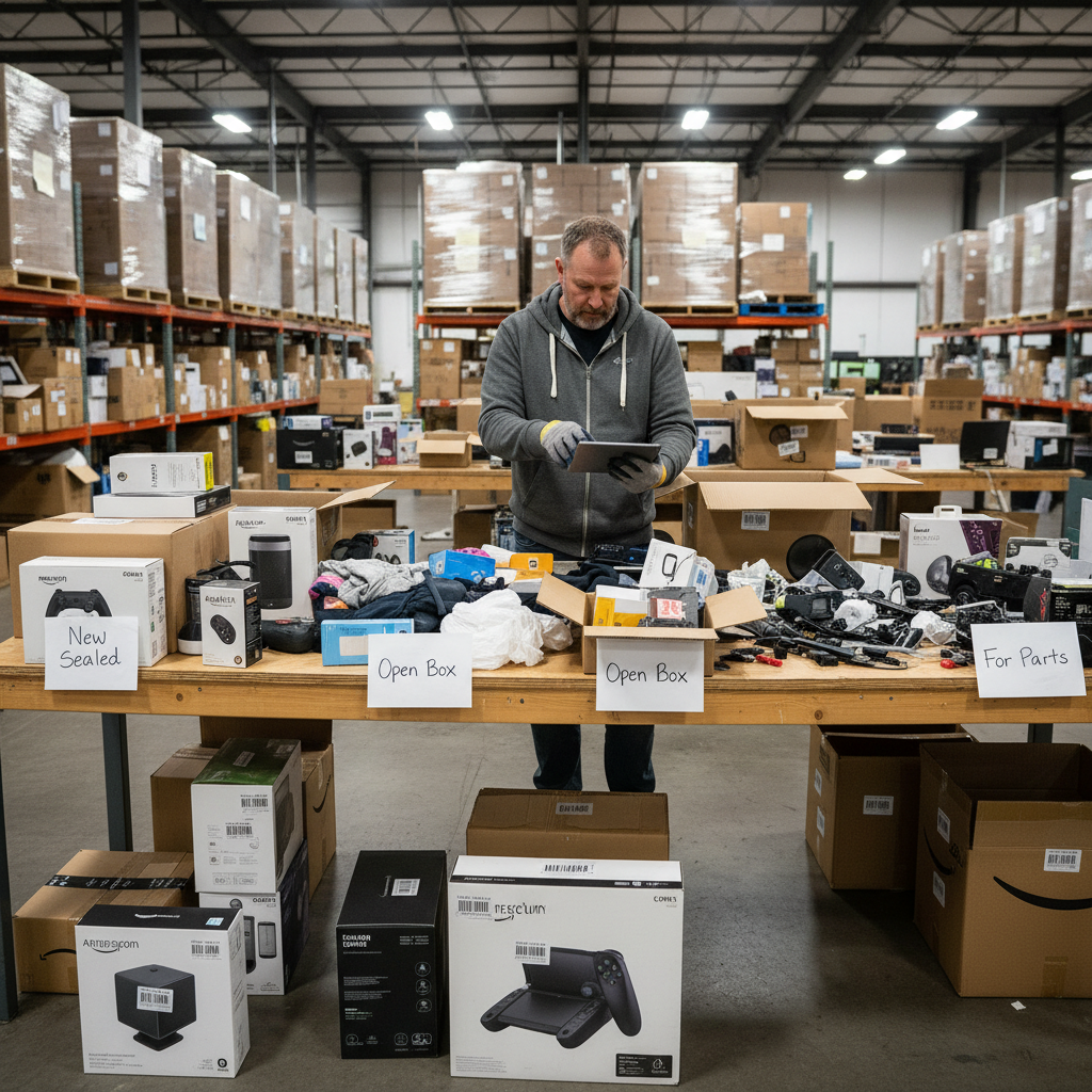 Warehouse scene with Amazon return pallets and a reseller sorting items with visible LPN stickers