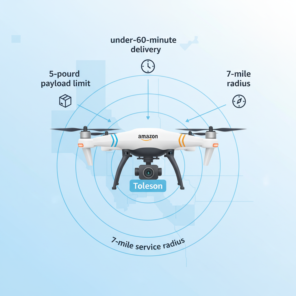 Infographic-style illustration of Amazon MK30 drone with labeled payload limit, delivery speed, and 7-mile radius around Tolleson in the Phoenix West Valley