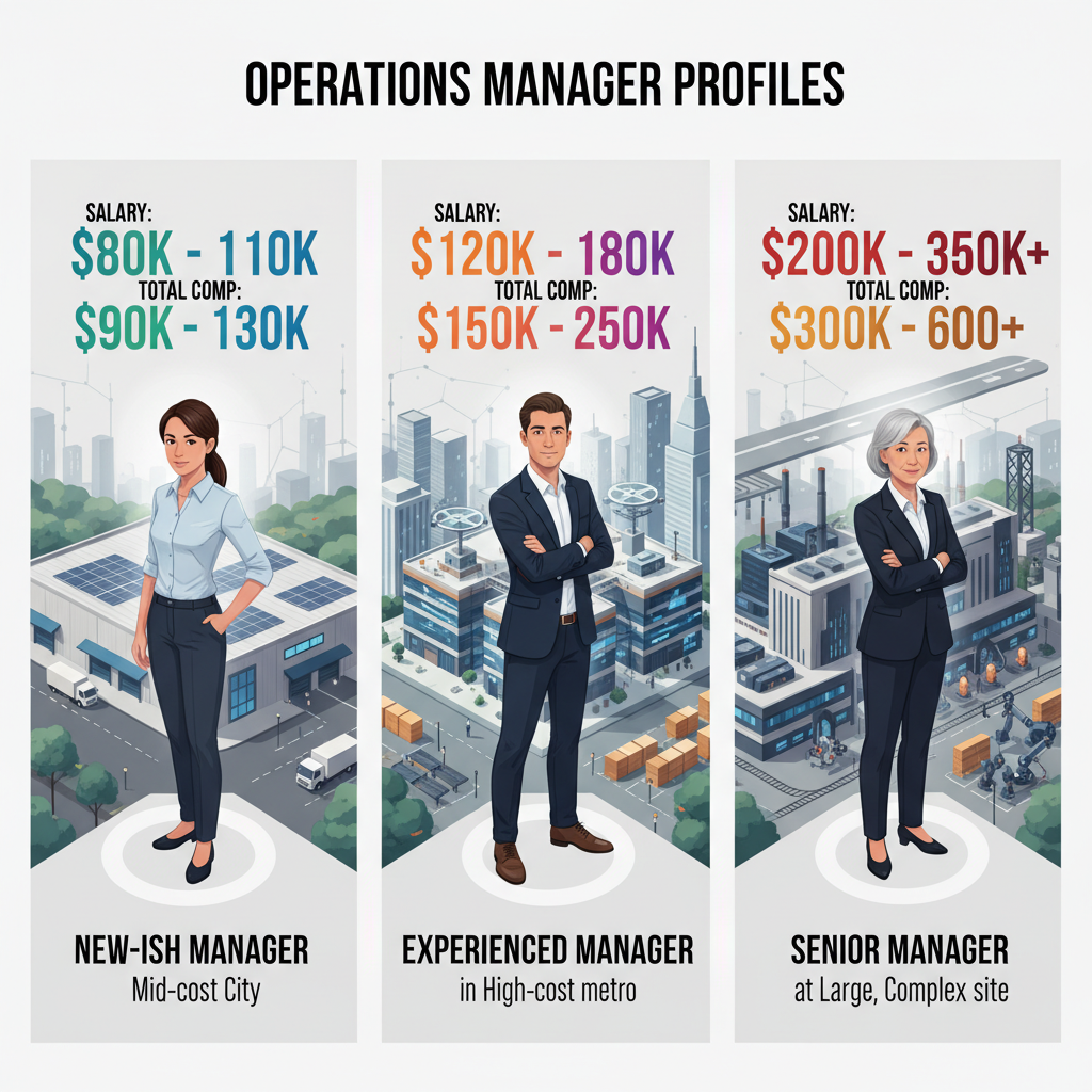 Amazon fulfillment center at sunrise with Operations Manager reviewing salary components dashboard