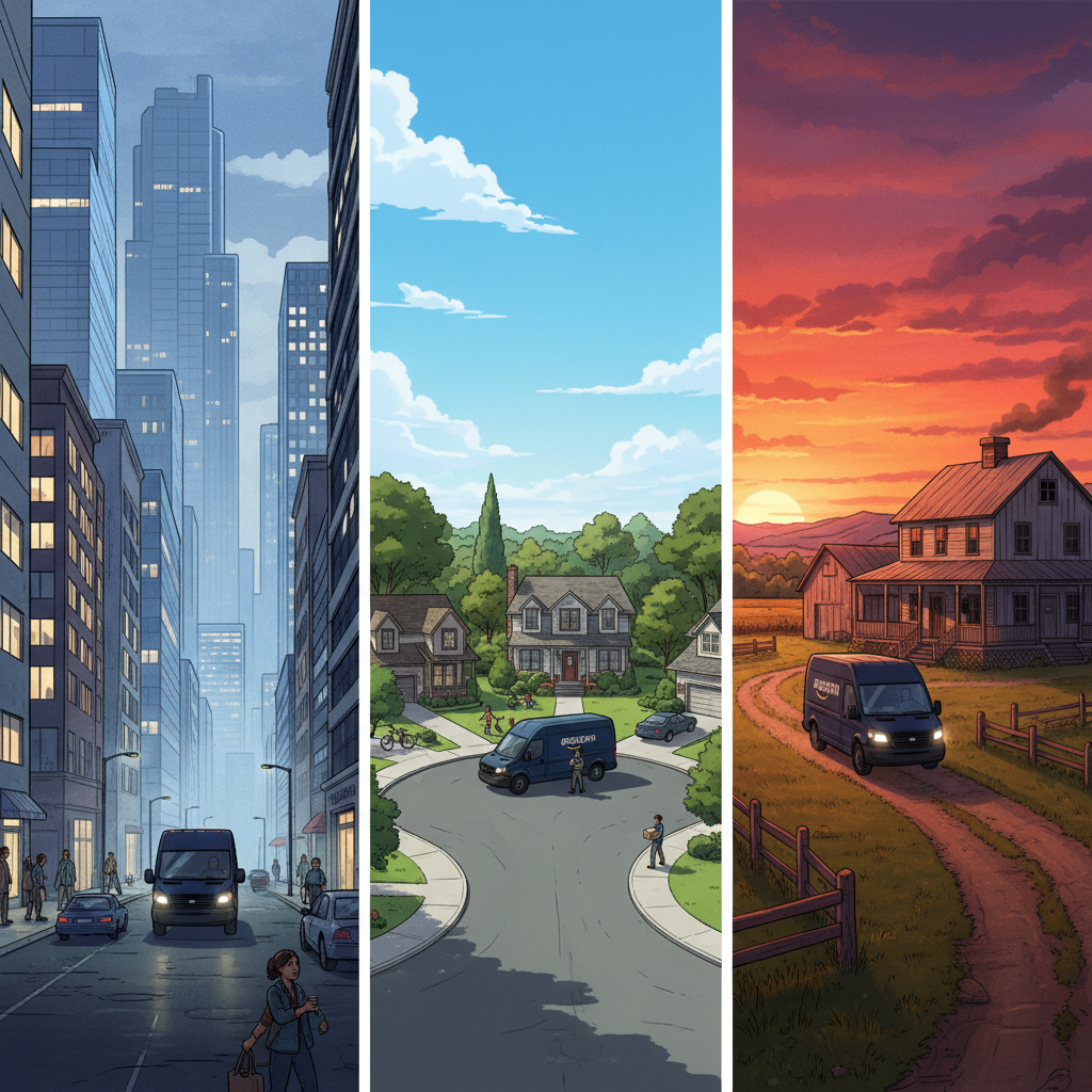 Urban, suburban, and rural neighborhoods showing different Amazon delivery times