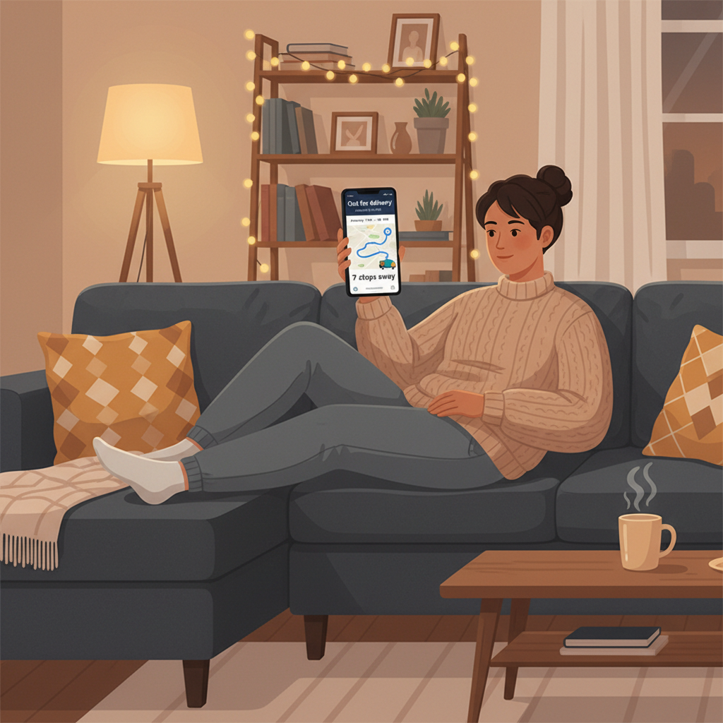 Person checking Amazon app on phone showing out for delivery and time range
