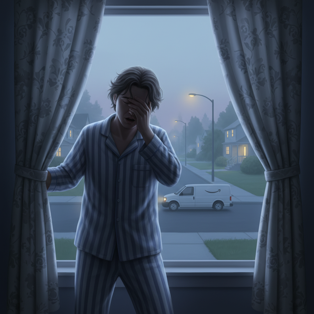 Sleepy person peeking through curtains at dawn as an Amazon van pulls up