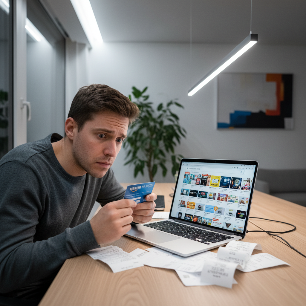 Overwhelmed person at a desk with an Amazon gift card, staring at a busy Amazon homepage full of products
