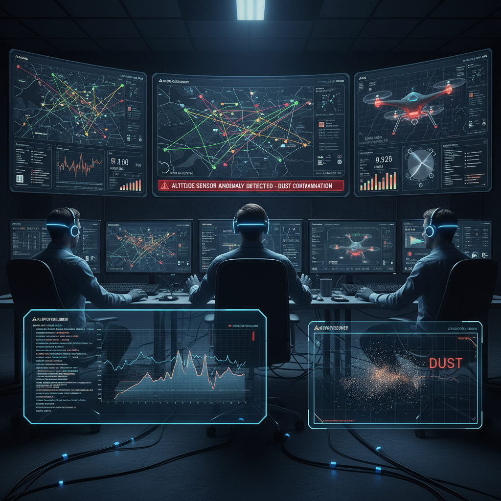 Dramatic operations control room with screens showing drone flight paths, sensor warnings, and altitude anomalies for Amazon drones