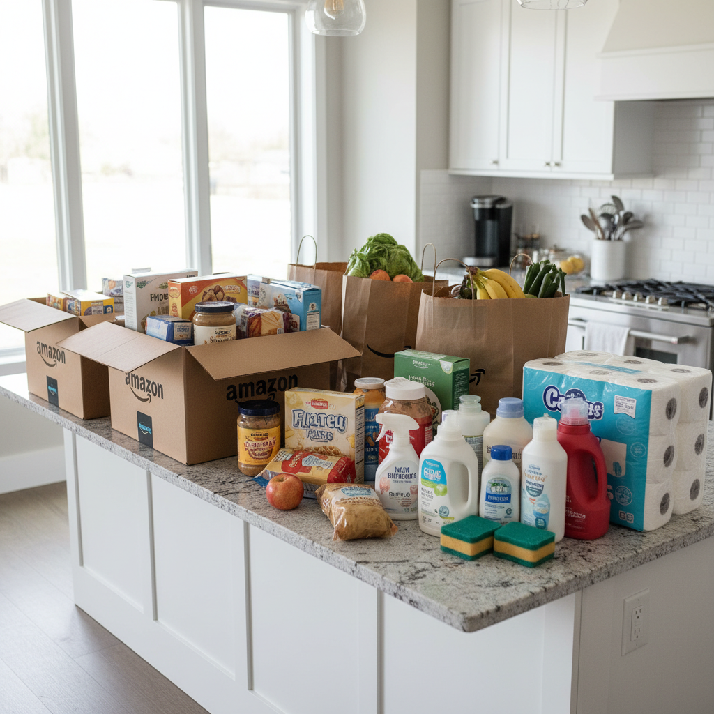 Adult and child on a couch using a Fire tablet with colorful app and game icons floating above