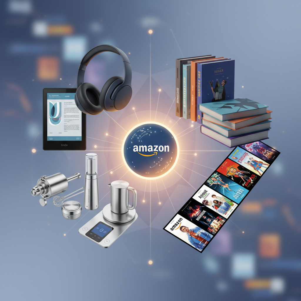 Collage of popular Amazon products and digital content centered around a glowing Amazon gift card