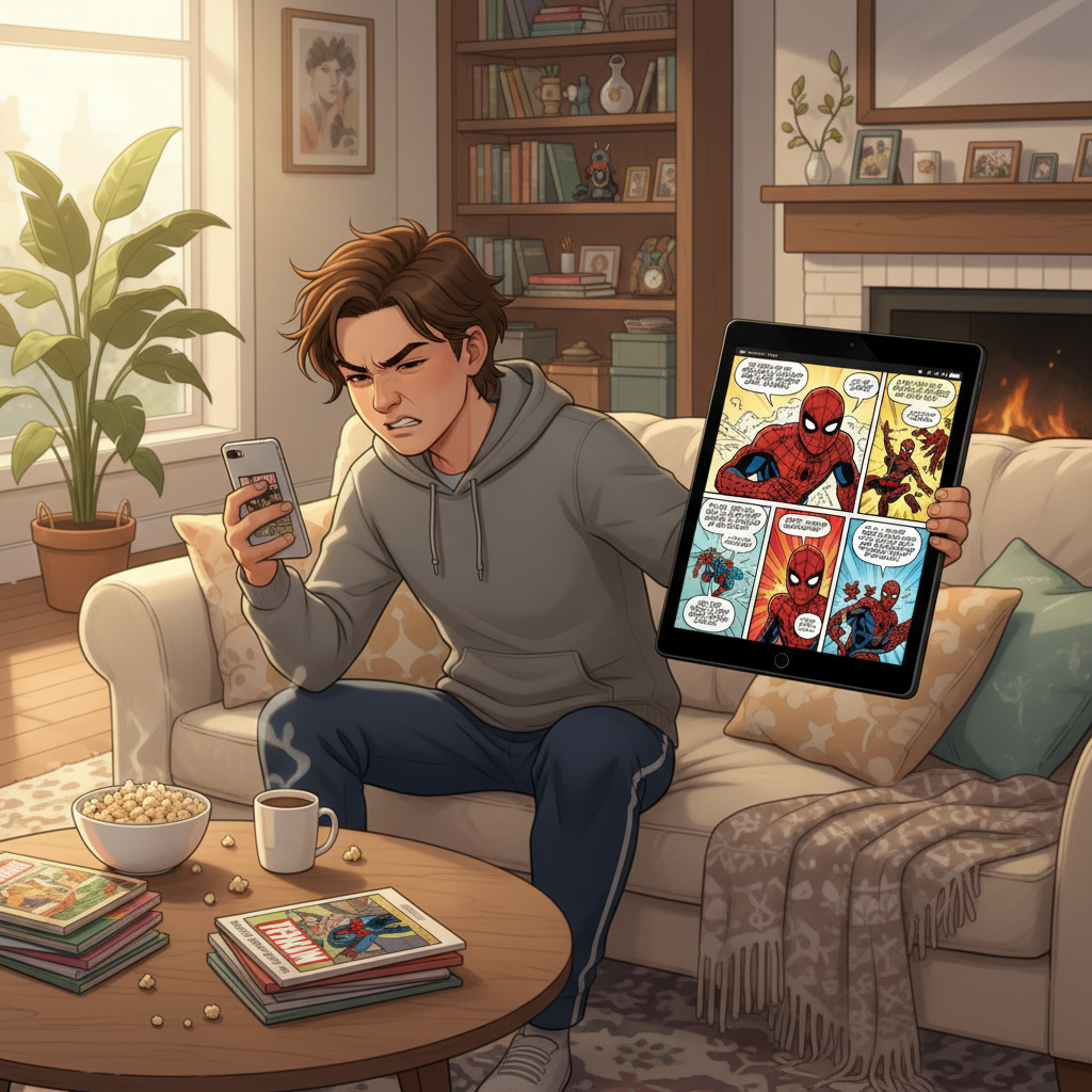 Frustrated reader squinting at a tiny smartphone, then switching to a clear Marvel comic on an Amazon Fire HD 10