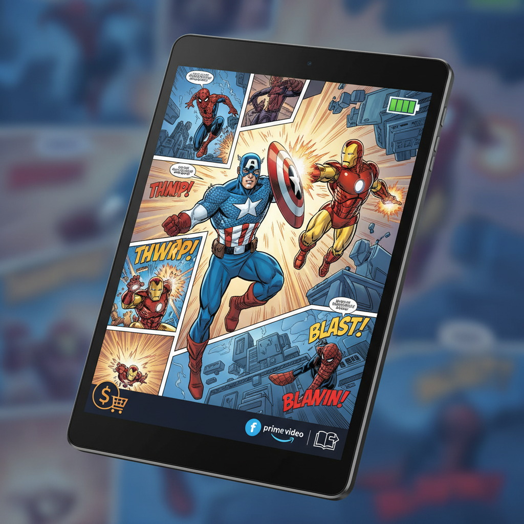 Amazon Fire HD 10 hero shot showing a full Marvel comic page, with icons for battery, affordability, and library access