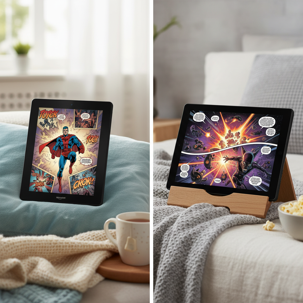 Two-panel comparison of Marvel Unlimited on a Fire HD 10 in portrait and landscape comic reading modes