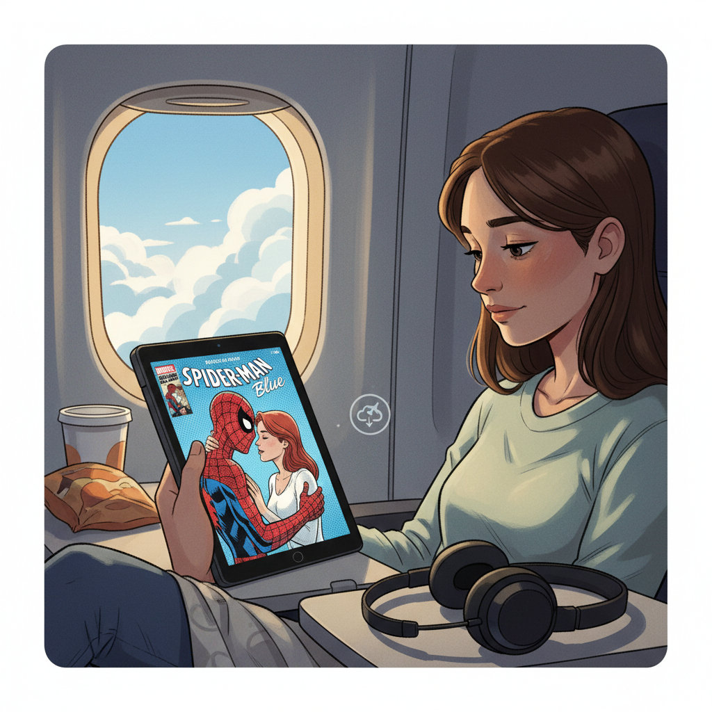 Travel scene of someone reading Marvel Unlimited on a Fire HD 10 during a flight with offline reading enabled