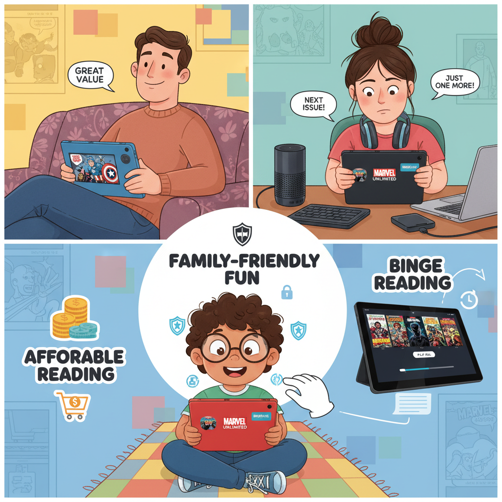 Collage of different readers using Marvel Unlimited on a Fire HD 10, highlighting affordability, family-friendly use, and binge reading
