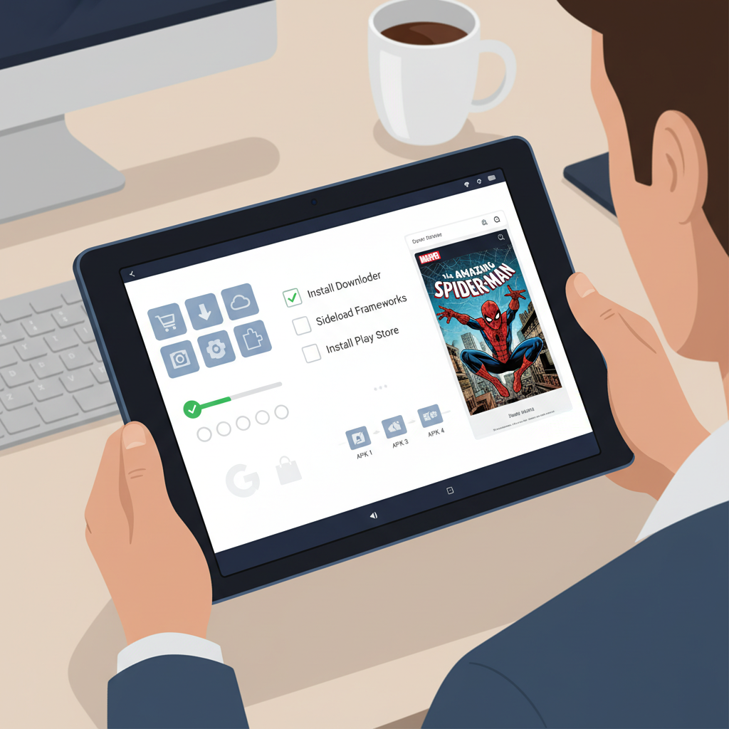 Over-the-shoulder view of a user setting up Google Play and Marvel Unlimited on an Amazon Fire HD 10 tablet
