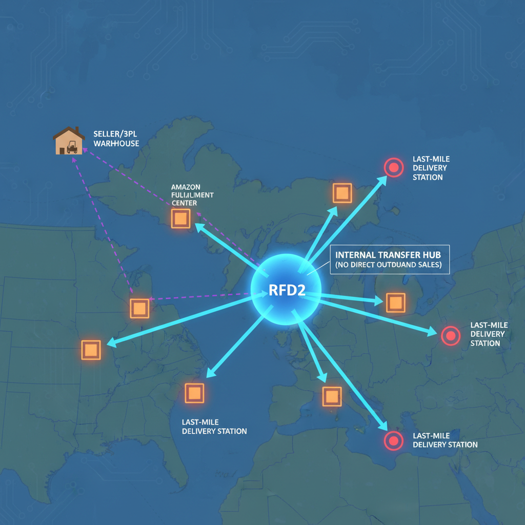 Conceptual Midwest logistics map showing RFD2 as a central internal hub node linking sellers to multiple Amazon fulfillment and delivery sites