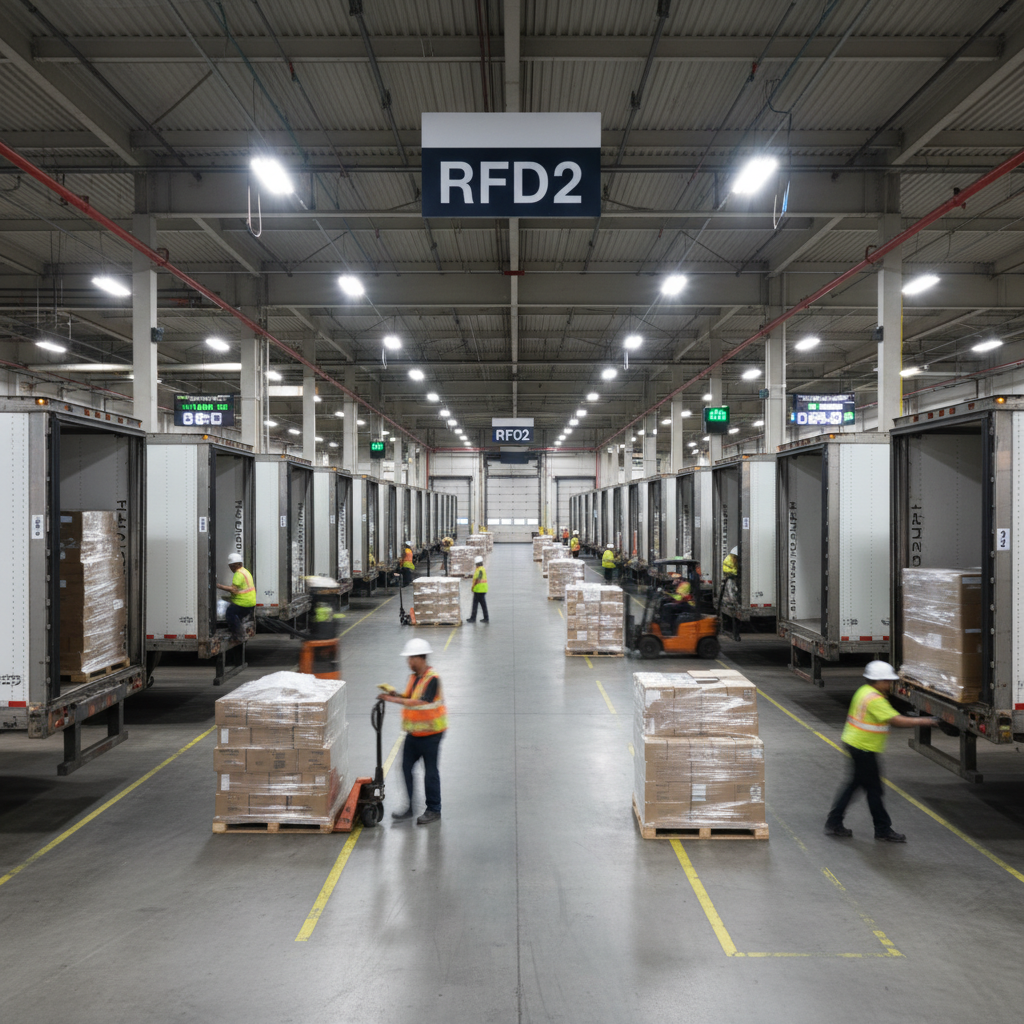 Interior cross-dock scene inside Amazon RFD2 with dock doors, trailers, workers unloading and reloading pallets in a fast-moving flow