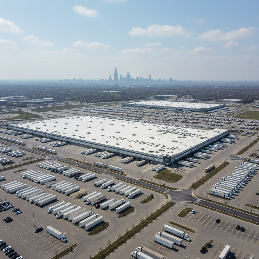 Aerial view of Amazon RFD2 logistics hub in Huntley, Illinois with truck yards and parking surrounding the high-volume cross-dock facility