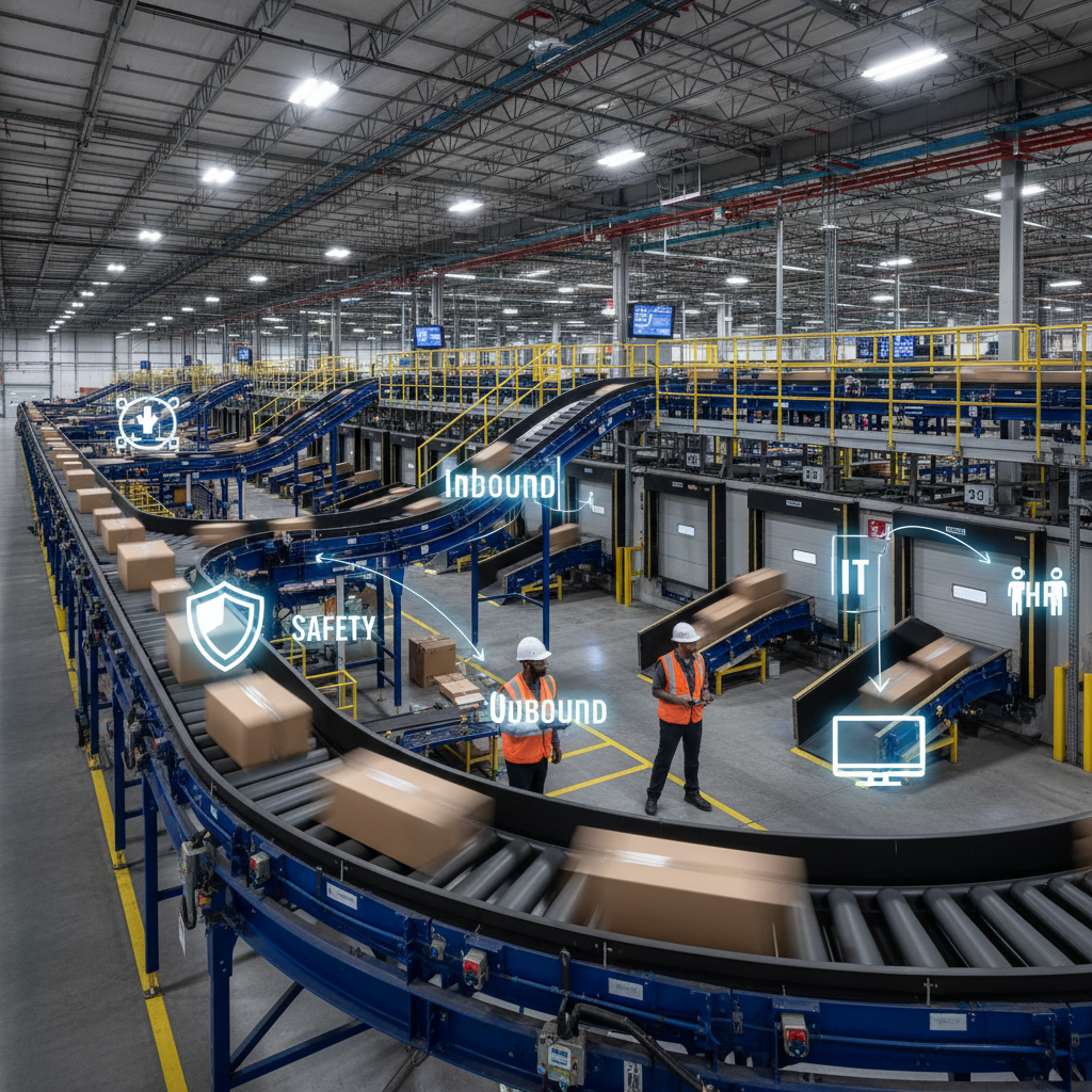 Interior shot of automation at RFD2 with conveyors, sortation equipment, scanners, and icons representing safety and communication radio channels