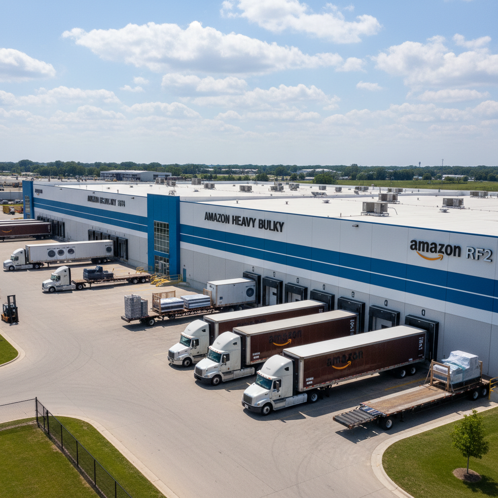 Exterior view of Amazon RFD2 with neighboring XL RFD4 facility and trailers showing different roles in the Huntley logistics campus