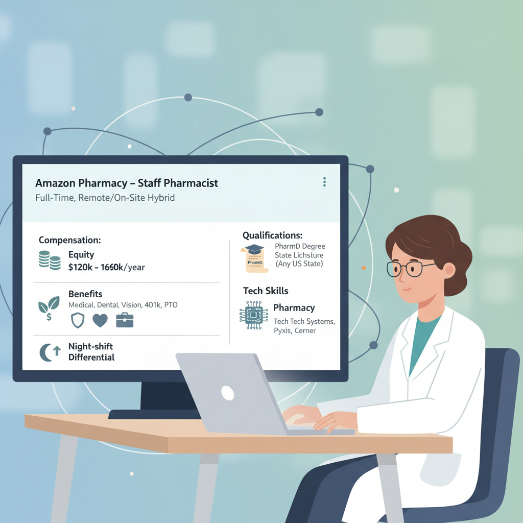 Modern Amazon Pharmacy operations floor with pharmacist at multi-monitor verification station