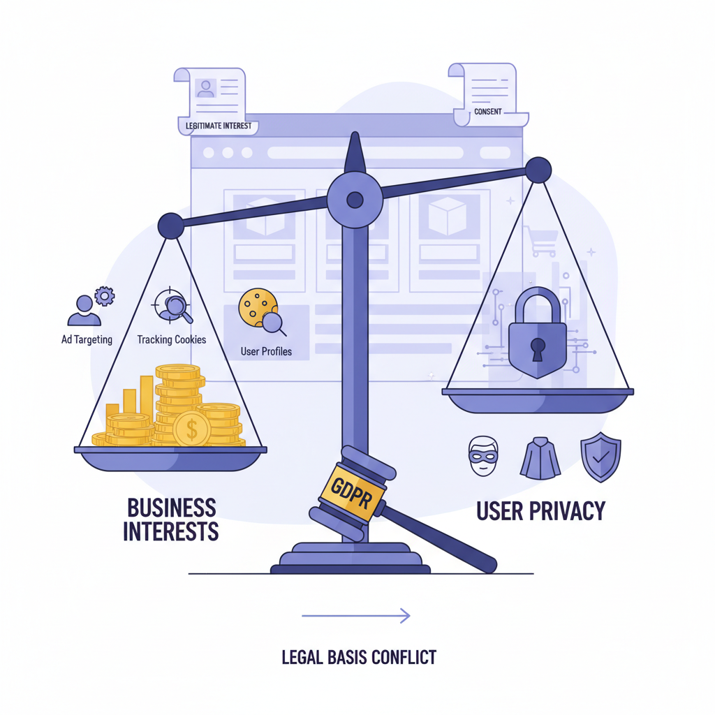 Infographic-style justice scale comparing business interests and user privacy under GDPR