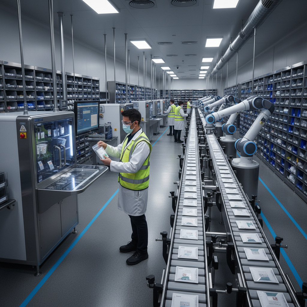 Amazon Pharmacy fulfillment center with pharmacist overseeing pill-packing robots and conveyor belts