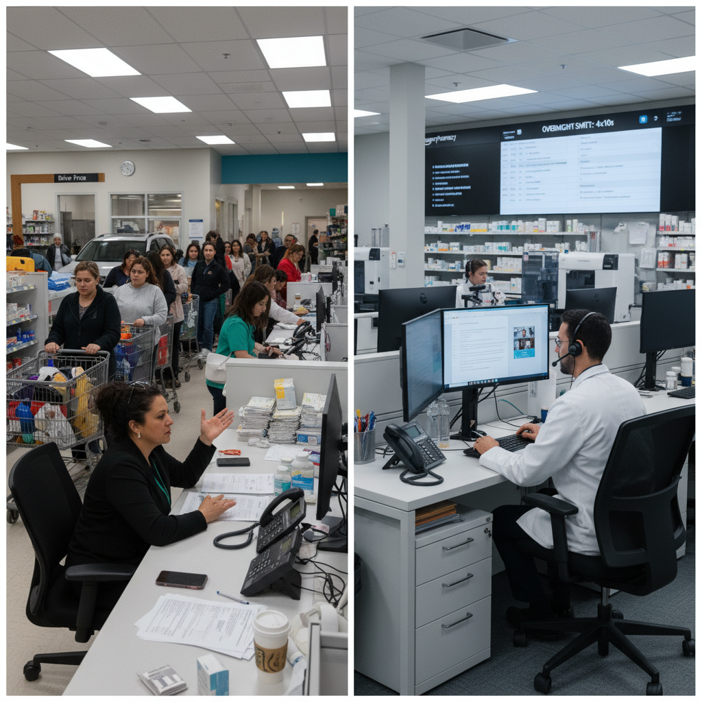 Split-screen showing traditional retail pharmacy chaos versus calm Amazon pharmacist environment