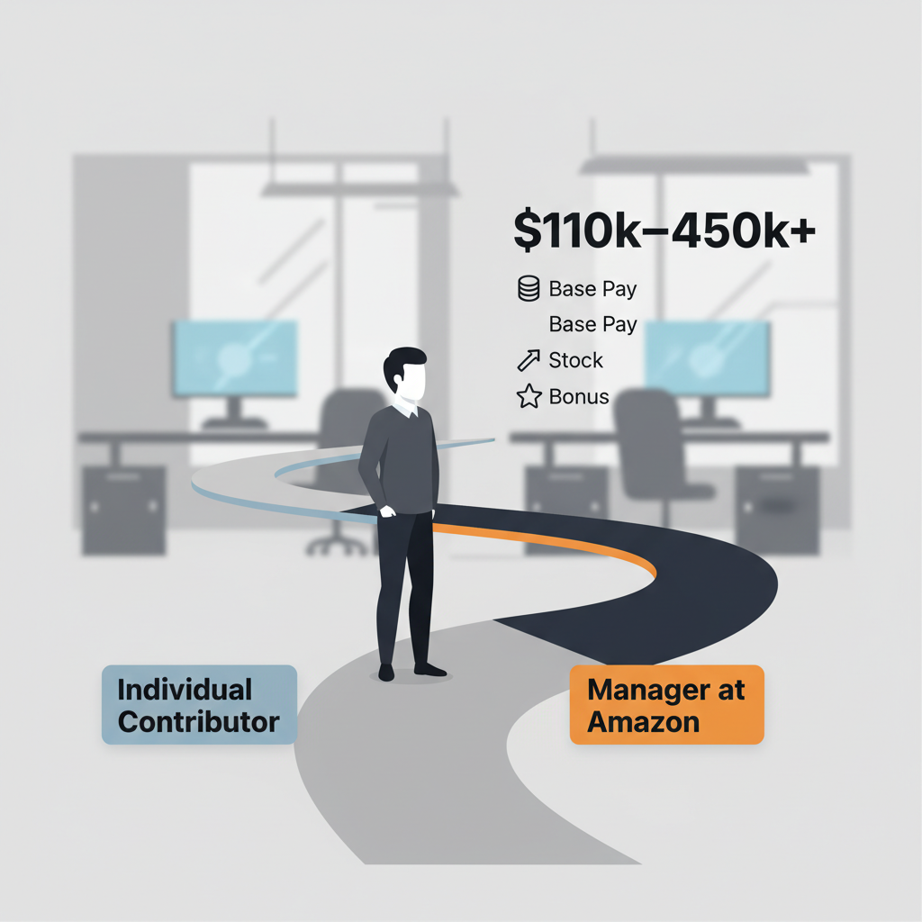 Mid-career professional choosing between individual contributor and Amazon manager paths with salary ranges and compensation components