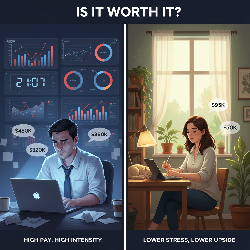 Split-screen illustration comparing a stressed high-paid Amazon manager with a calmer lower-paid professional, highlighting compensation versus lifestyle