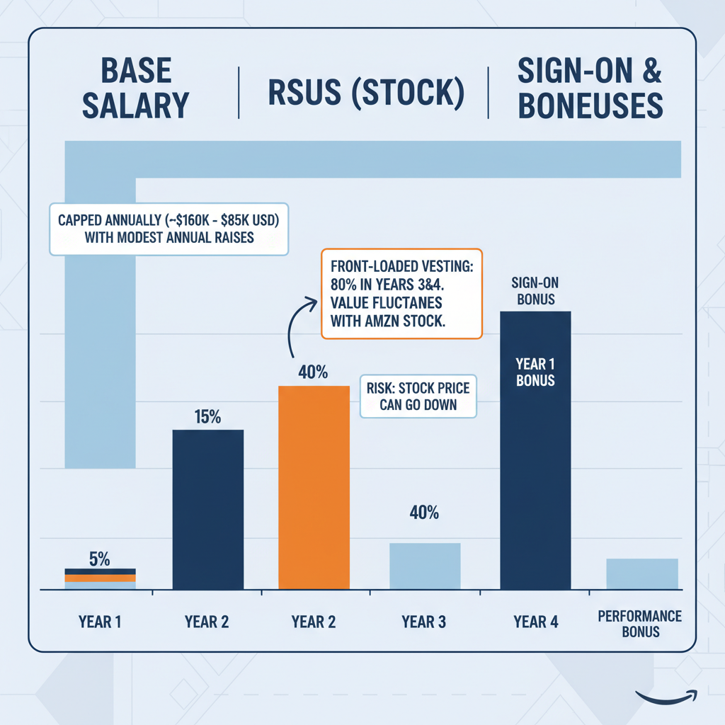 Collage of Amazon program, product, and engineering managers in a modern tech office with compensation bubbles and AWS icons