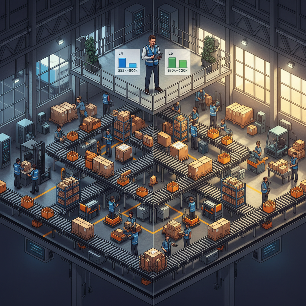 Isometric cutaway view of an Amazon fulfillment center with an Area Manager overseeing operations and pay bands for L4 and L5