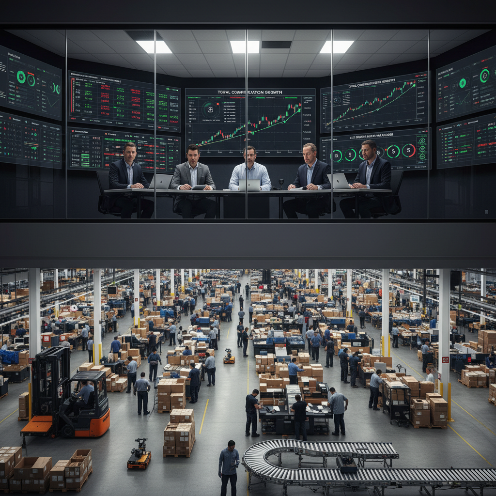 Operations and senior operations managers in a control room overlooking a busy fulfillment floor with KPI dashboards and compensation graphs