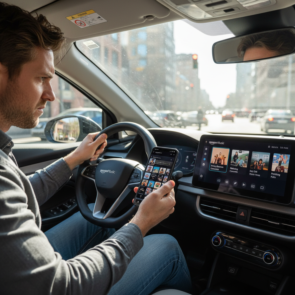Frustrated driver comparing missing Amazon Music playlists on Android Auto versus the full list on their phone