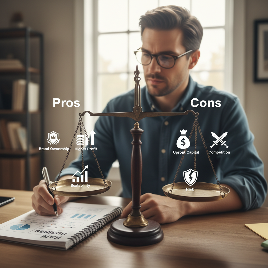 Balanced pros and cons concept of Amazon private label with a scale, icons for benefits and risks, and a thoughtful entrepreneur planning