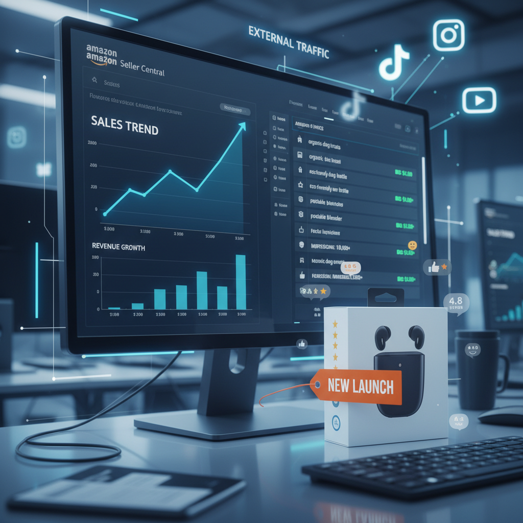 Dynamic Amazon launch and marketing scene with rising sales graphs, PPC dashboard, reviews, and social media icons