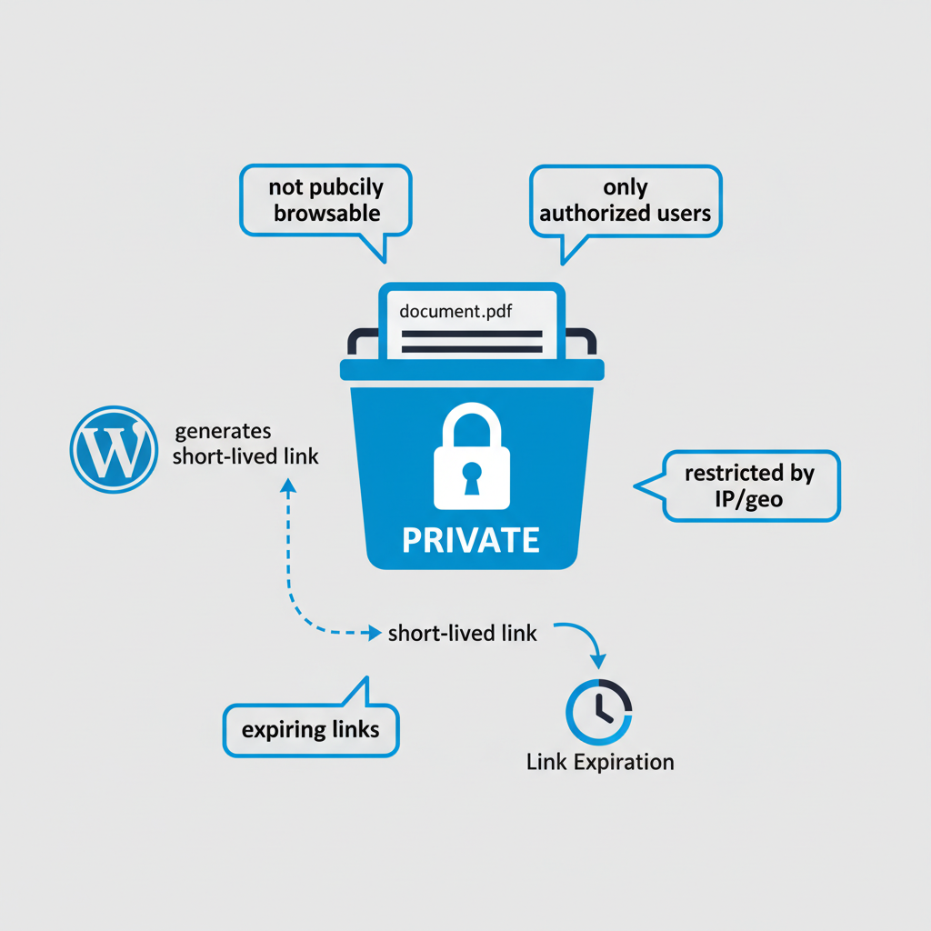 Infographic visualizing private S3 bucket with WordPress generating expiring access links
