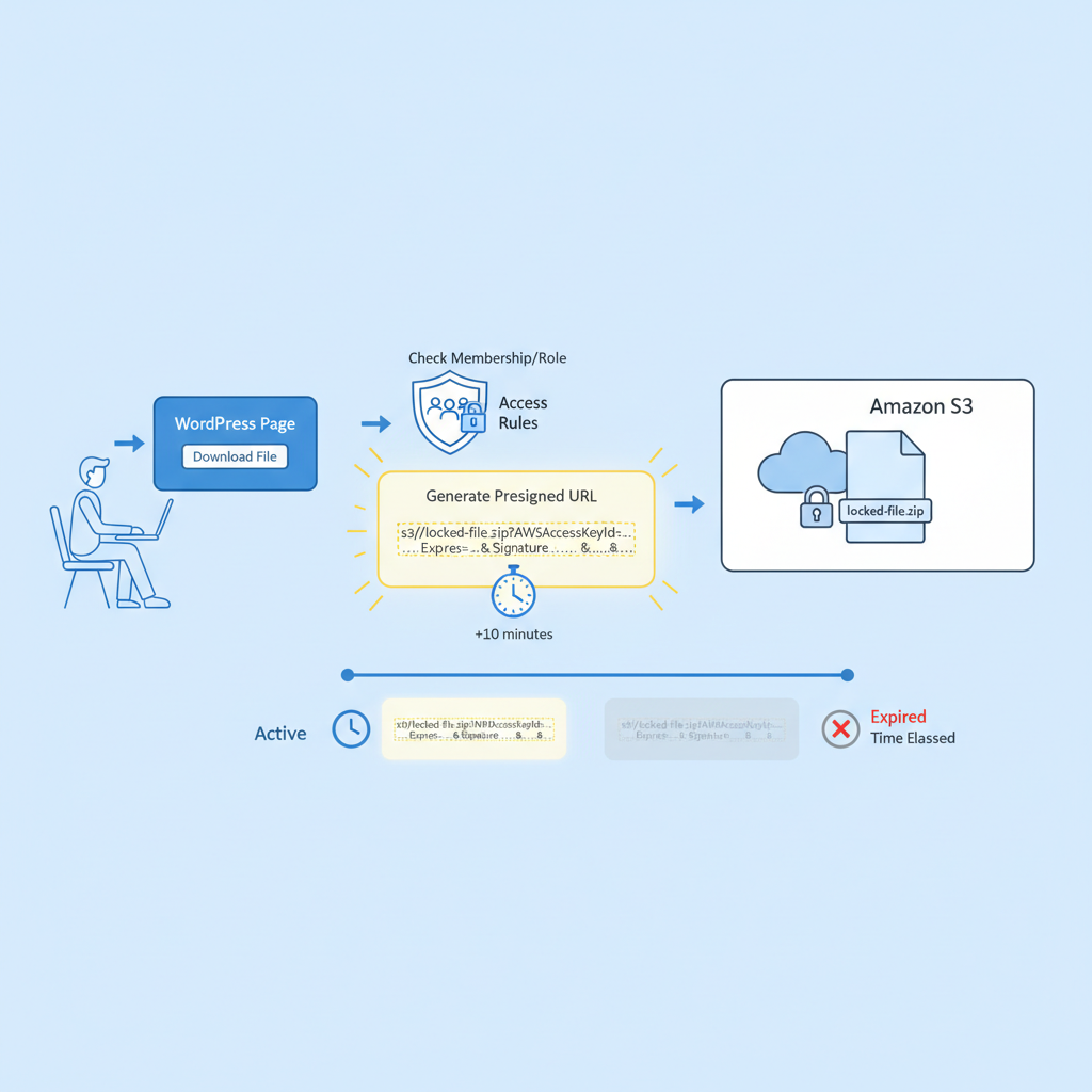 Flow diagram of user requesting download, WordPress checking access rules, and generating presigned URL to S3