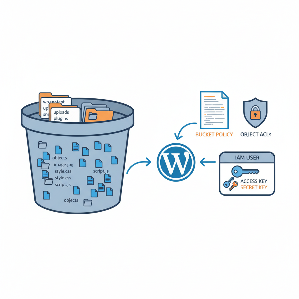 Diagram of S3 buckets, objects, bucket policies, object ACLs and IAM user connected to WordPress